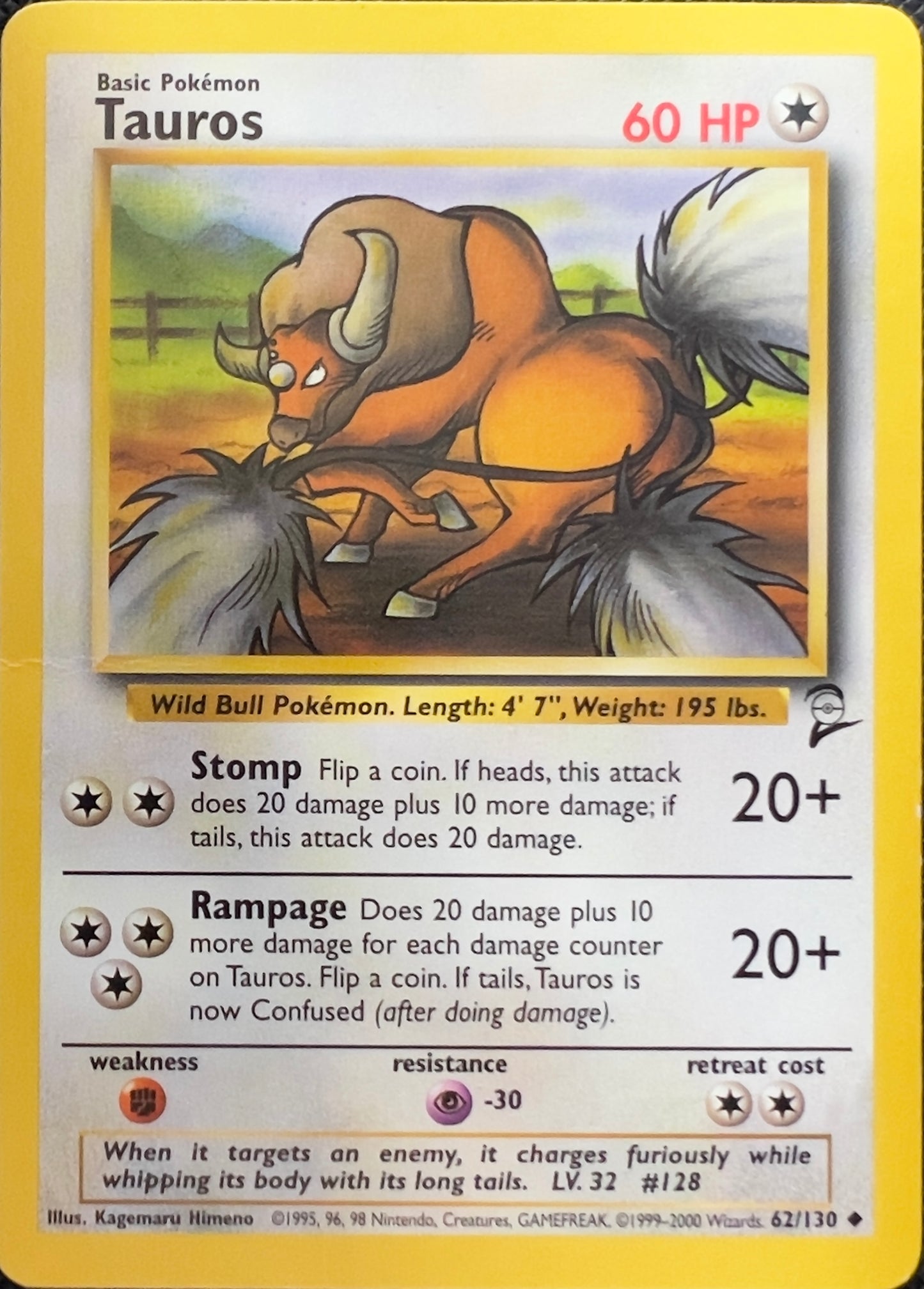 Tauros (non-holo) 62/130 - Pokémon Base Set 2 (WOTC)