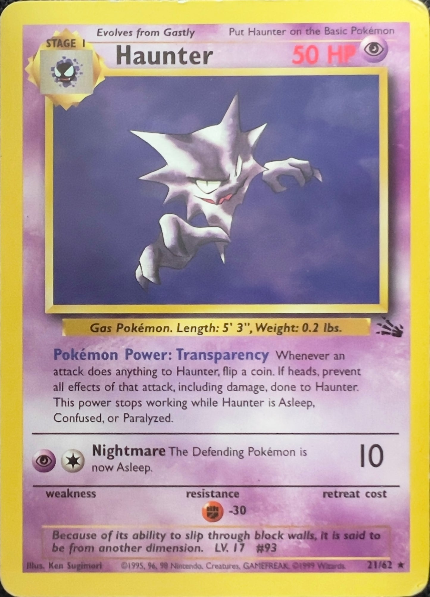 Haunter (non-holo) 21/62 - Pokémon Fossil (WOTC)